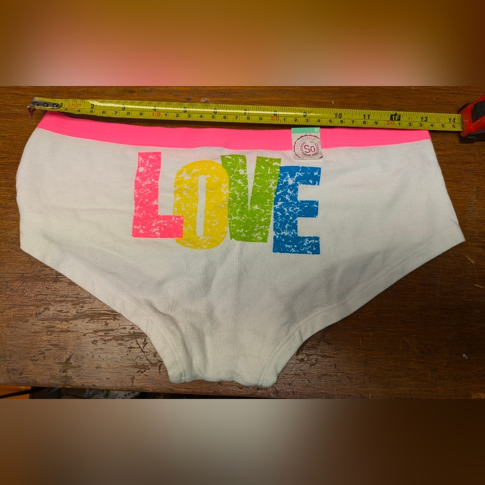 SO White Hipster Panties with Neon Rainbow LOVE Print and Pink Waistband Size M